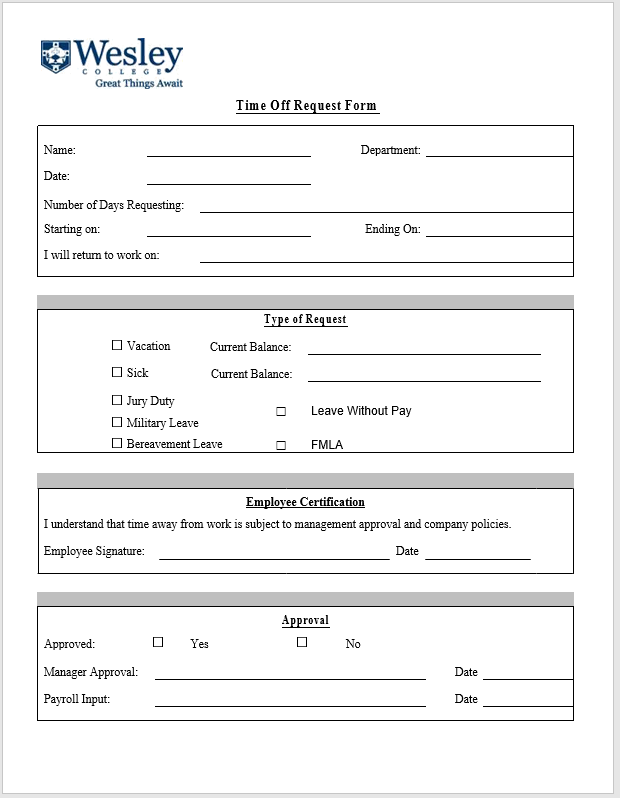 Employee time off request form template Time off request form Calendars
